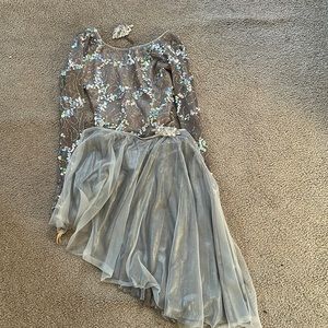 SA Silver lyrical dance costume with detachable skirt and sequin headpiece